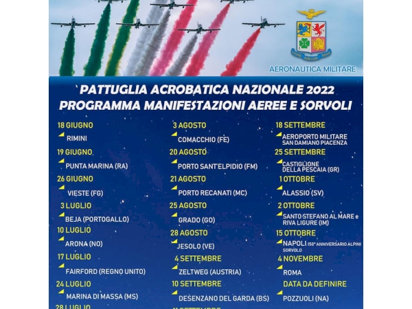 PATTUGLIA ACROBATICA NAZIONALE 2022 PROGRAMMA MANIFESTAZIONI AEREE E SORVOLI